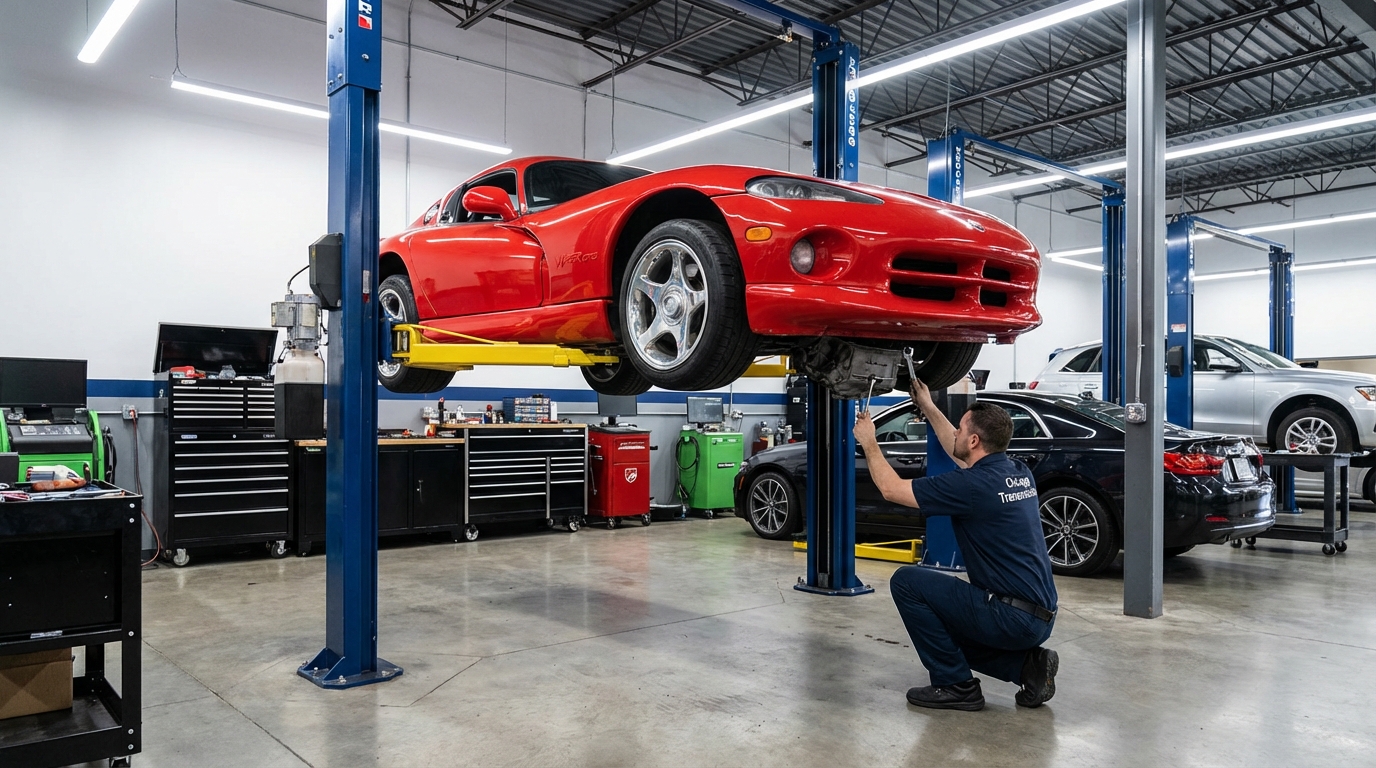 42RH Chrysler Dodge Jeep vehicle on a lift for Arlington Heights transmission inspection
