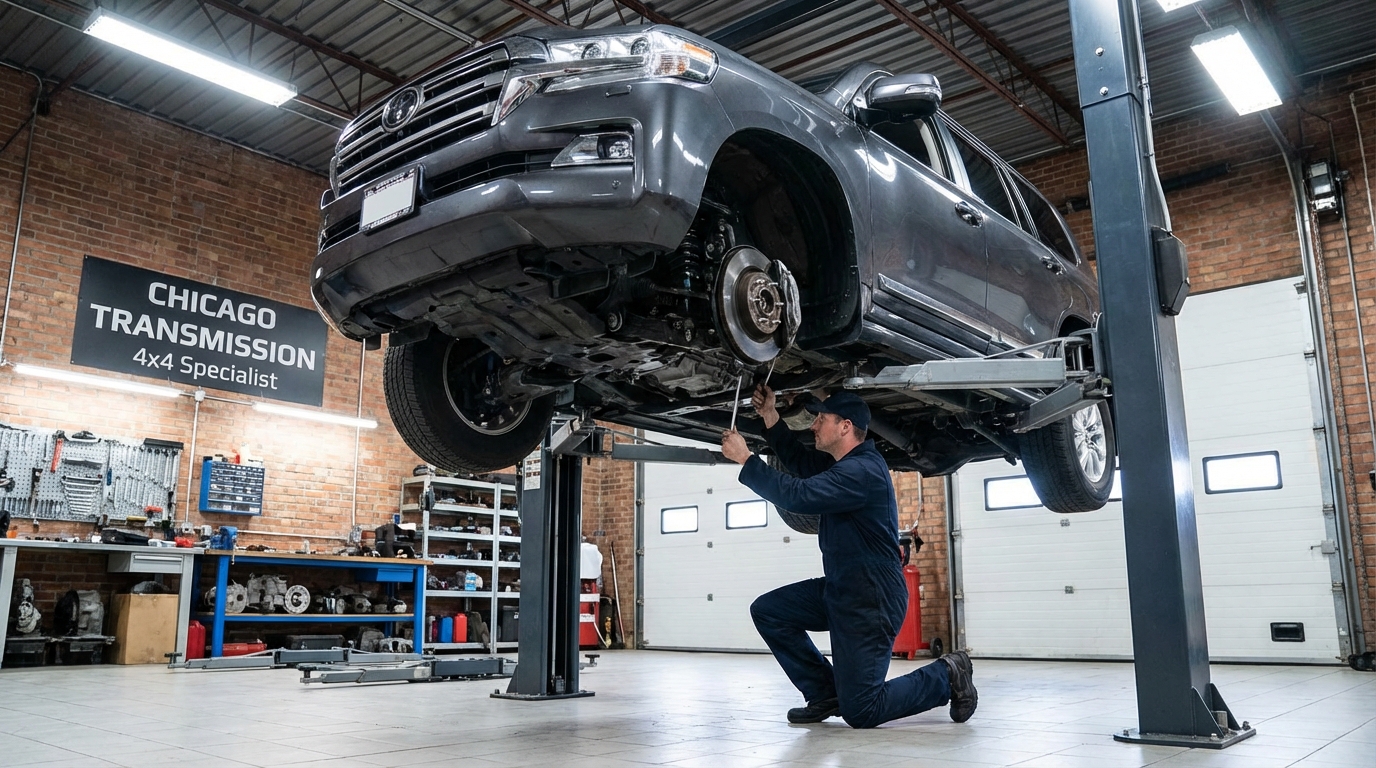 Lexus LX on the lift for transmission service - Arlington Heights Transmission shop