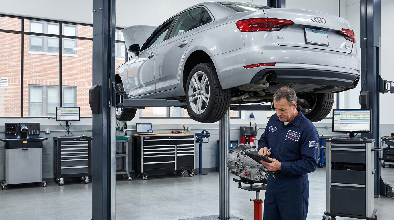 Audi A6 on the lift for transmission service - Arlington Heights Transmission shop