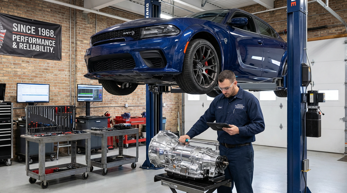 Dodge CHALLENGER on the lift for transmission service - Arlington Heights Transmission shop