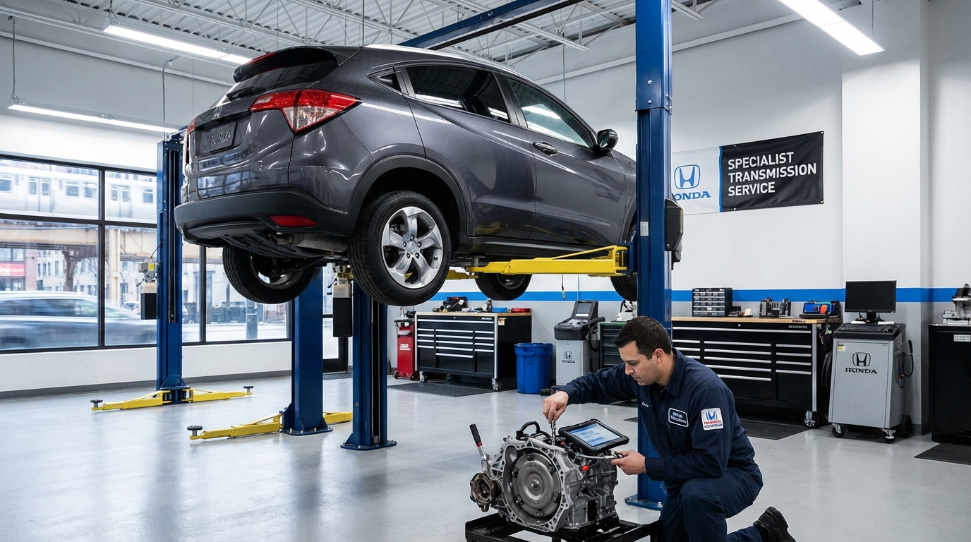 Honda PILOT on the lift for transmission service - Arlington Heights Transmission shop