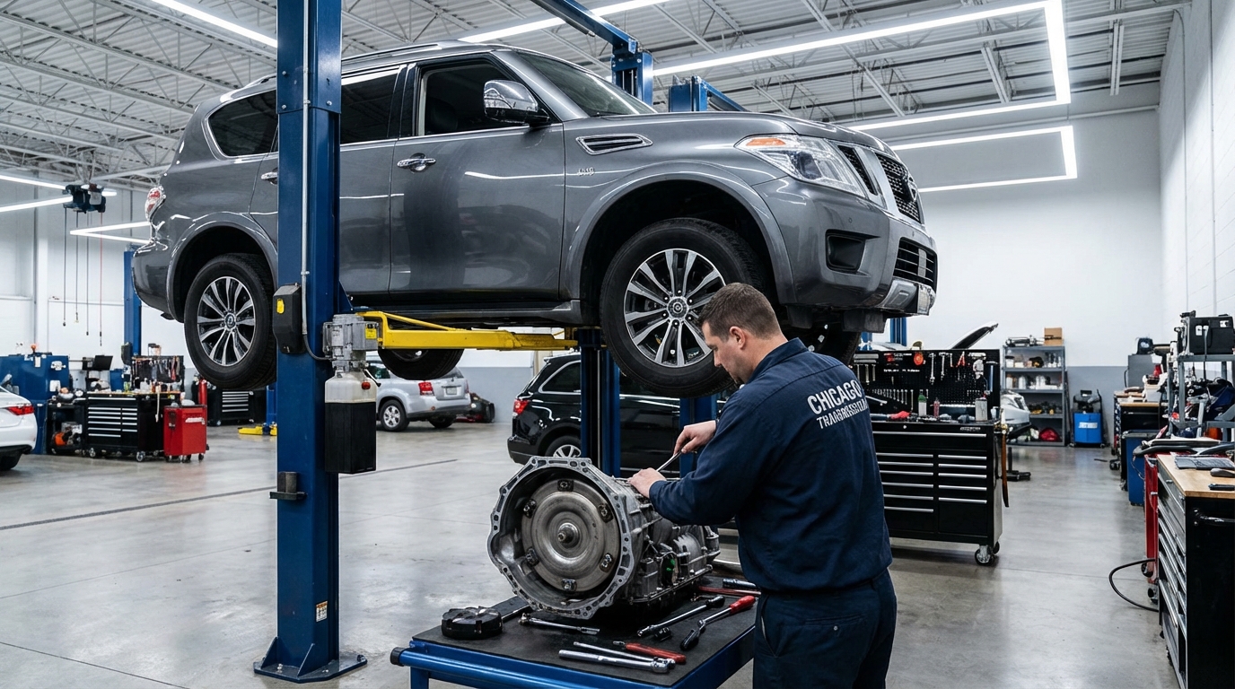 Nissan TITAN on the lift for transmission service - Arlington Heights Transmission shop