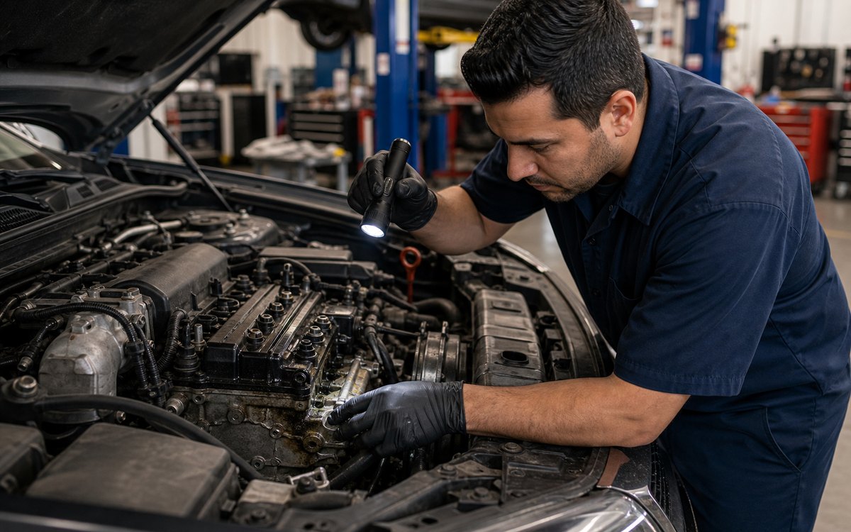 Oil leak and gasket inspection around the engine bay