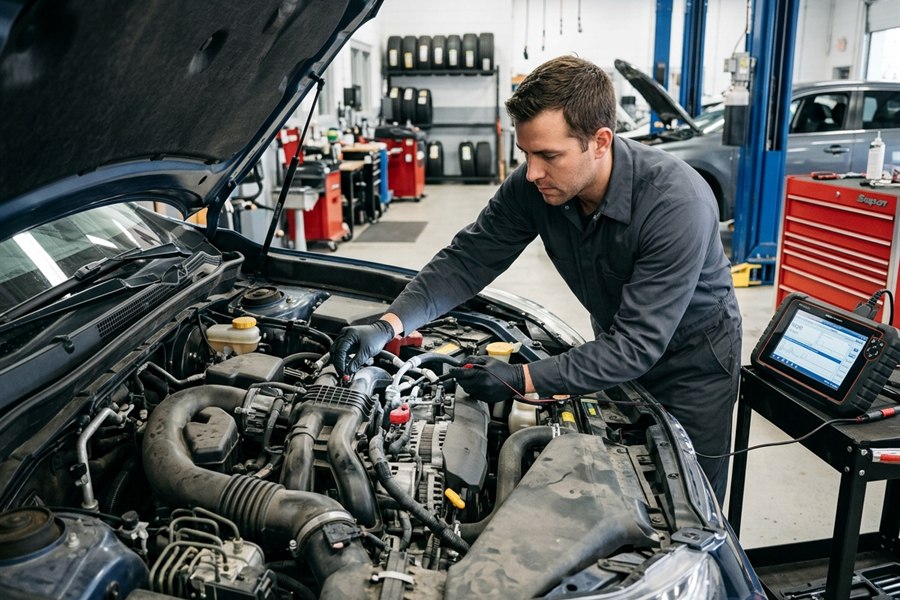 Engine diagnostic and repair work under the hood in an Arlington Heights shop