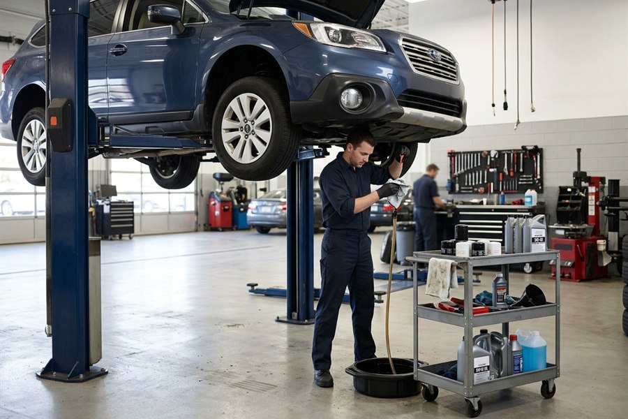 General automotive maintenance with a vehicle on a lift in a clean service bay