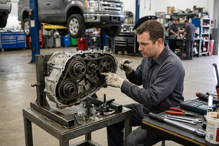 Transfer case repair work on a drivetrain assembly in a clean shop