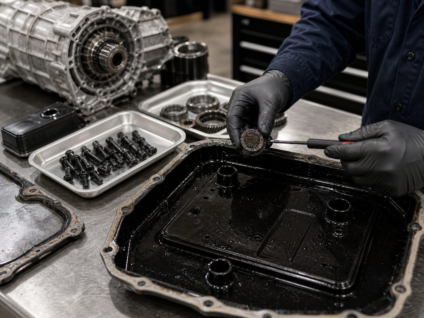 Transmission pan and magnet inspection for Barrington repair decisions