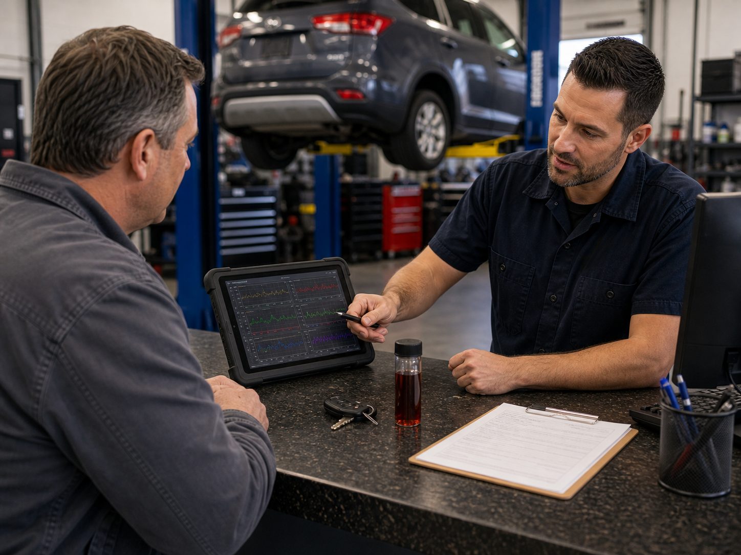 Transmission scan, fluid condition, and key handoff for Inverness drivers