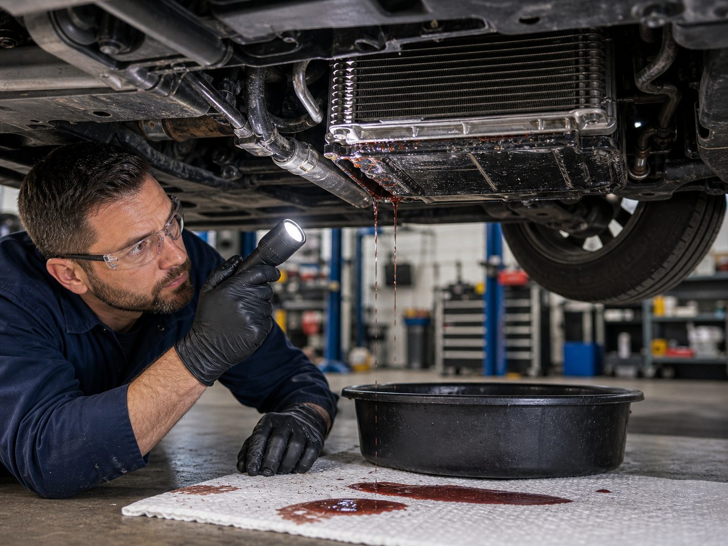 Rolling Meadows transmission warning sign and fluid leak inspection