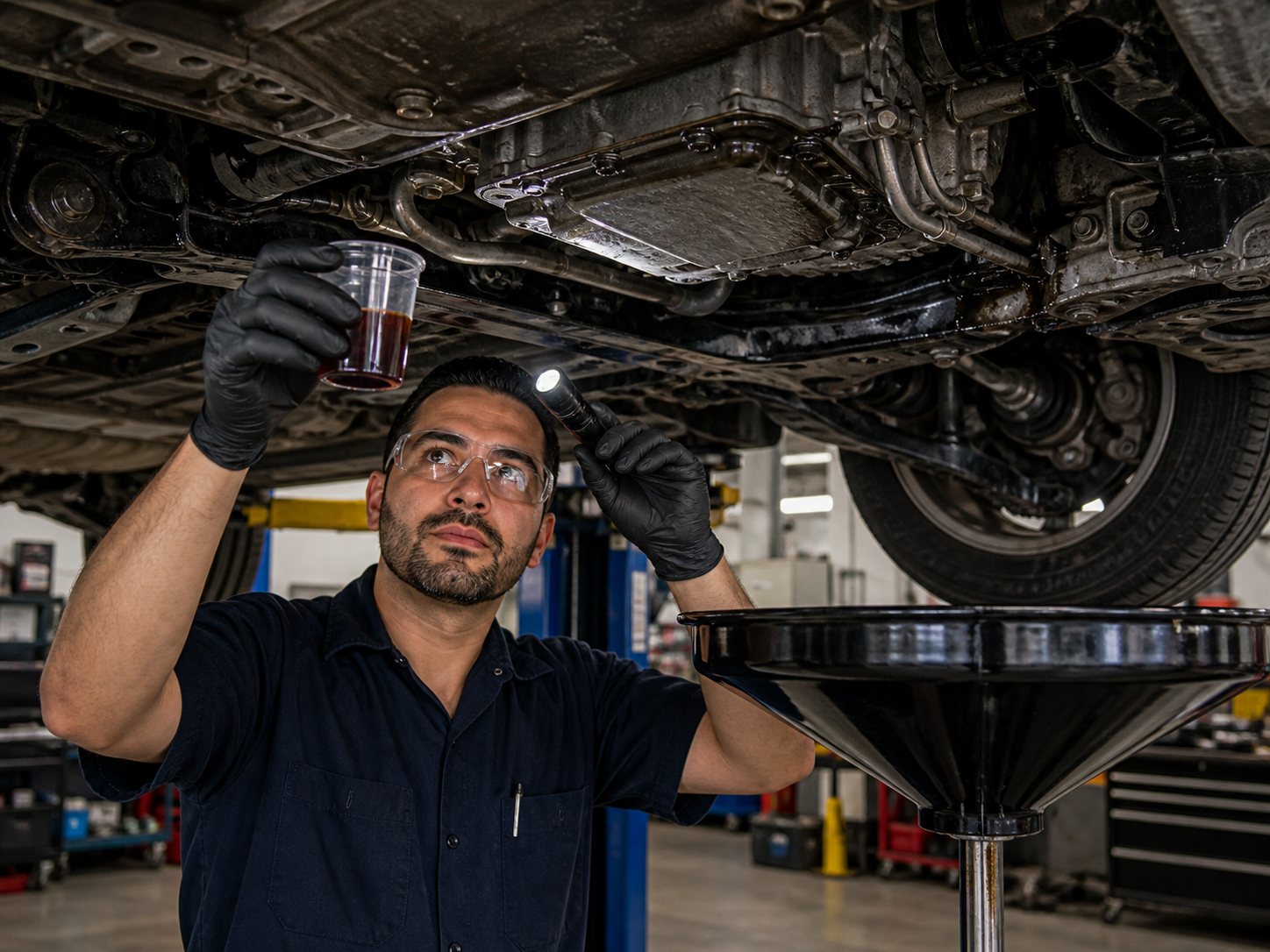 Fluid color leak point and pan inspection during a free transmission diagnostic