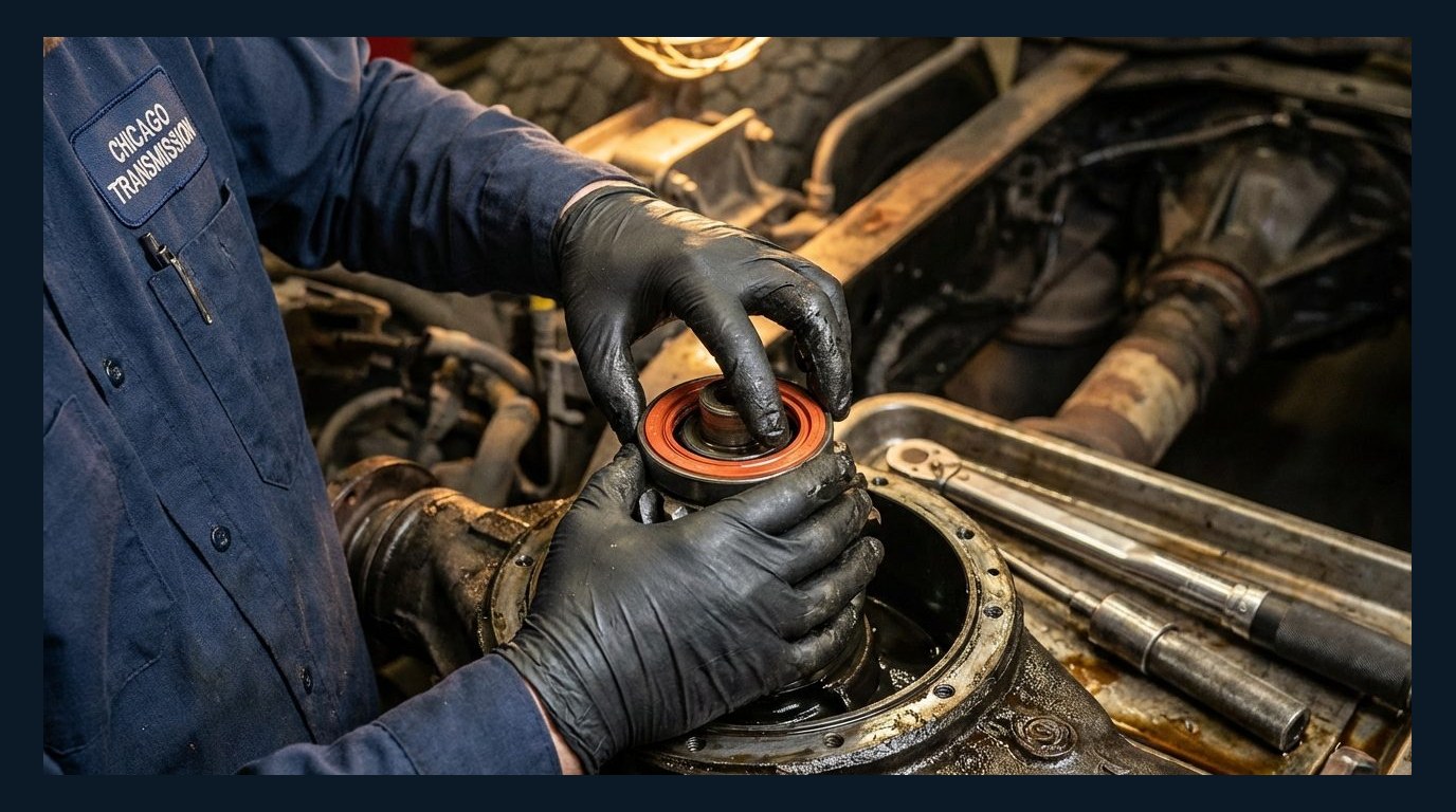 transmission cooler line leak and fluid evidence inspection for Fleet Transmission Service repair planning