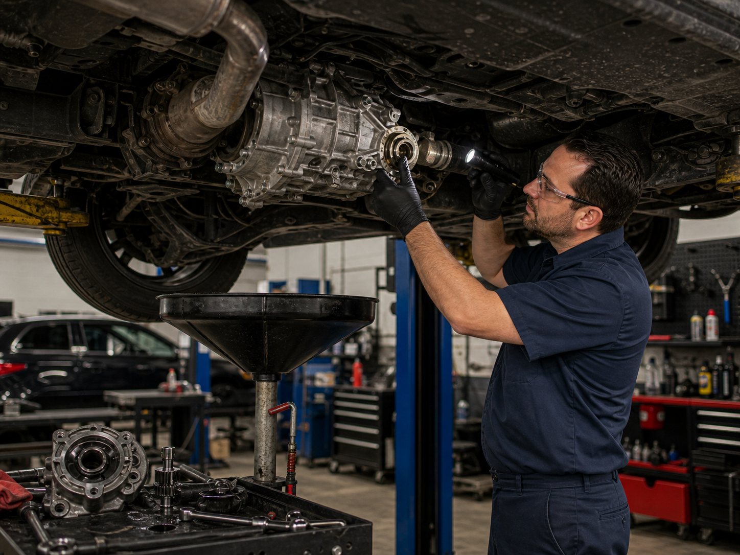 Transfer case and AWD driveline inspection with driveshaft and output seal visible