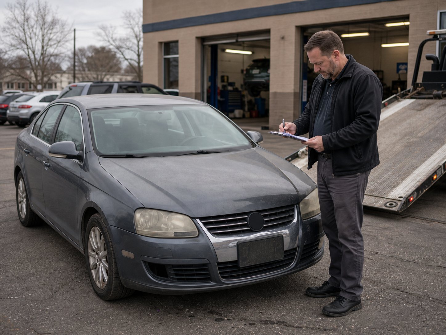 Vehicle intake for a car with major transmission failure and tow-in evaluation