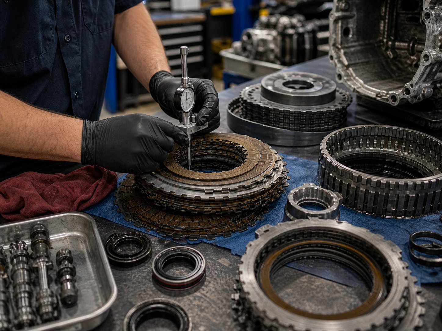 Clutch pack clearance check during automatic transmission rebuild