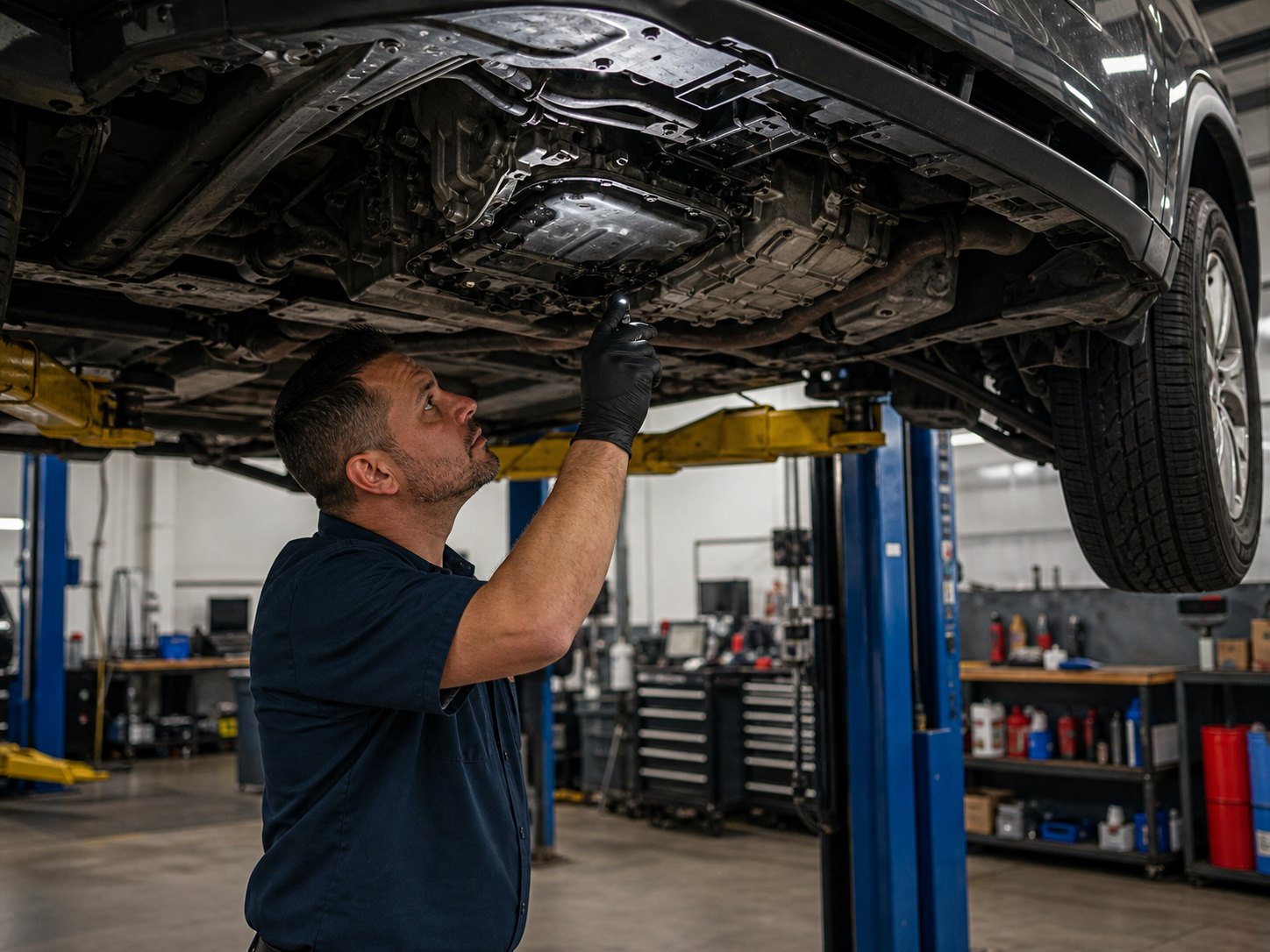Transmission pan and cooler line inspection to decide whether a vehicle is safe to drive