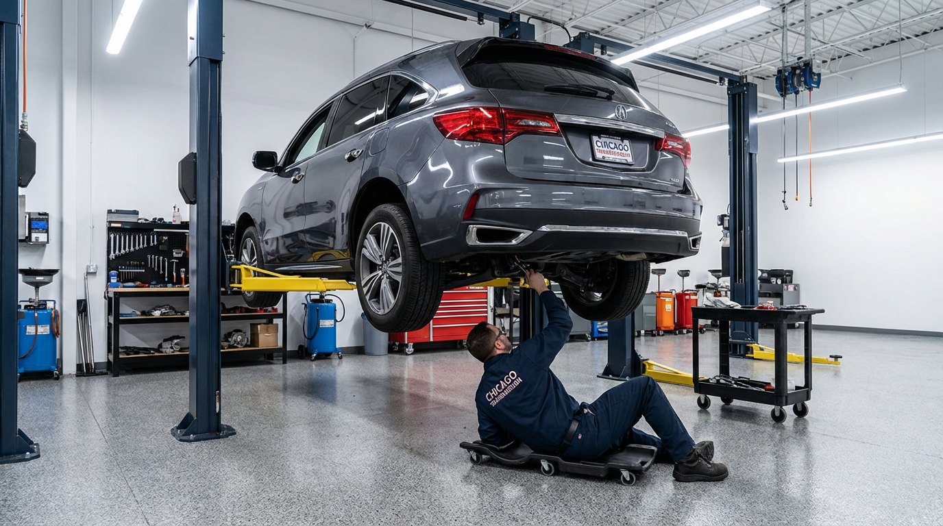 Acura vehicle raised for transmission and driveline inspection for Acura RDX transmission repair in Arlington Heights