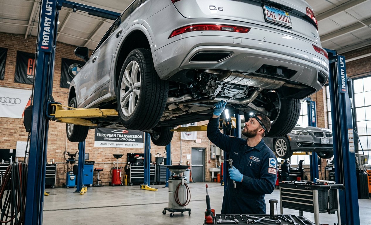 Audi quattro underbody inspection on a lift for Audi R8 repair plan