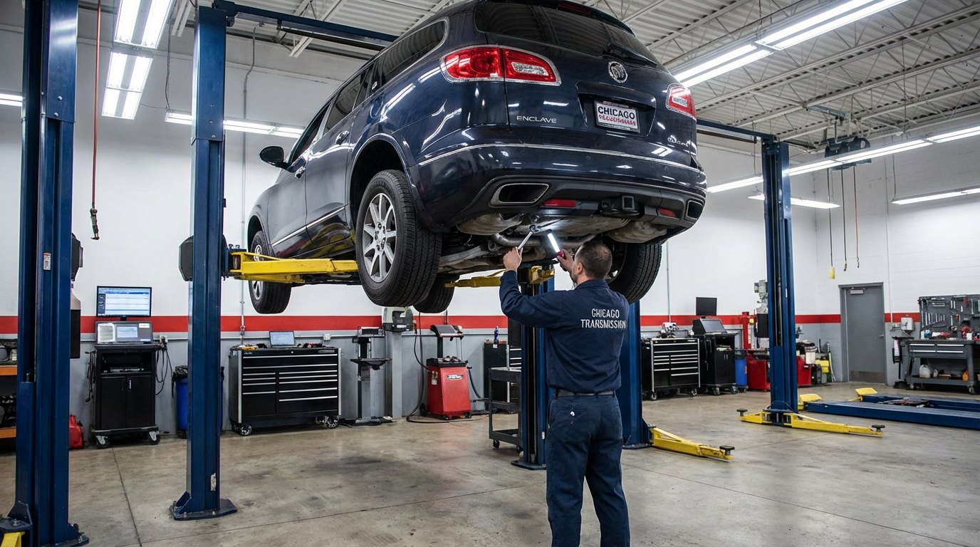 Buick transmission and driveline inspection on a lift for Buick Enclave symptoms
