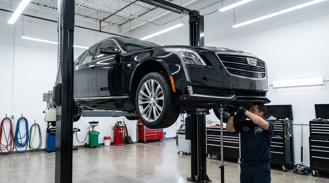 Cadillac sedan transmission and driveline inspection on a lift for Cadillac CT4 transmission repair in Arlington Heights