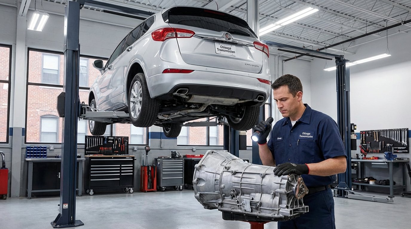 Chevrolet transmission unit inspection near a crossover on a lift for Chevrolet repair plan
