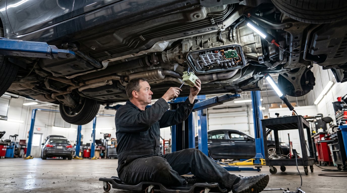 Mopar 62TE underbody transmission service inspection for Chrysler Pacifica transmission repair in Arlington Heights