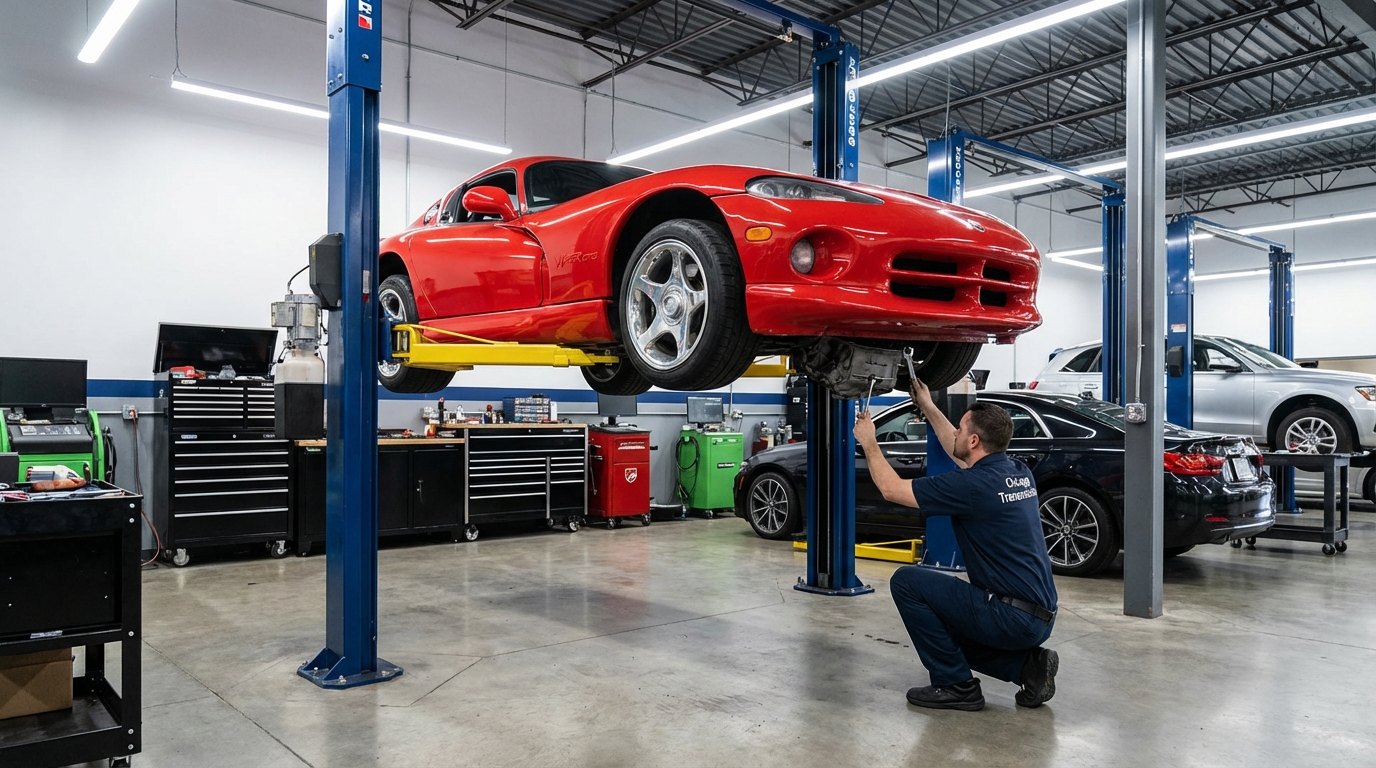 Dodge Challenger performance transmission inspection on a lift for Dodge Viper transmission repair in Arlington Heights