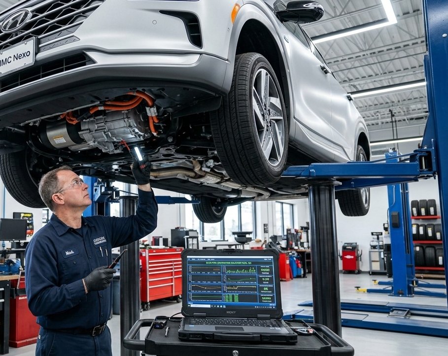Hyundai Nexo fuel-cell drivetrain and underbody inspection for Hyundai Nexo transmission repair in Arlington Heights