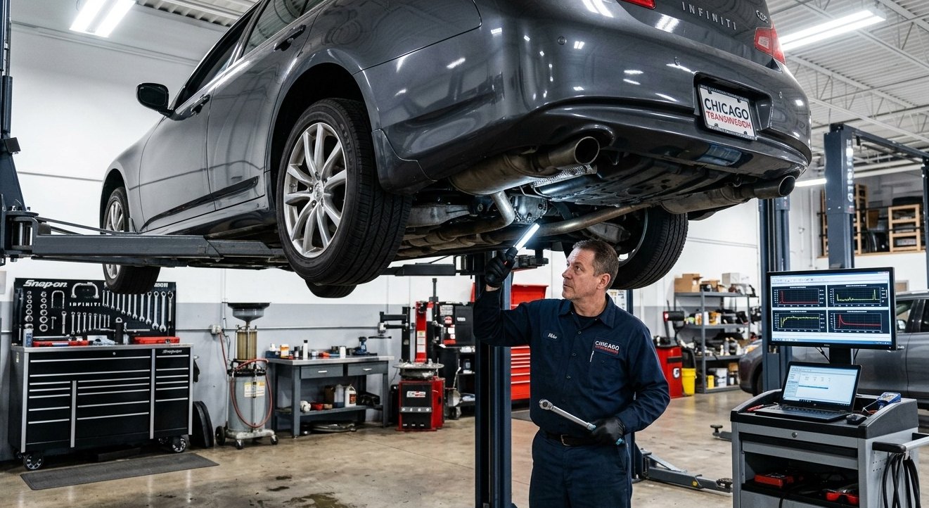 Hyundai Sonata transmission inspection on a lift for Hyundai Sonata transmission repair in Arlington Heights