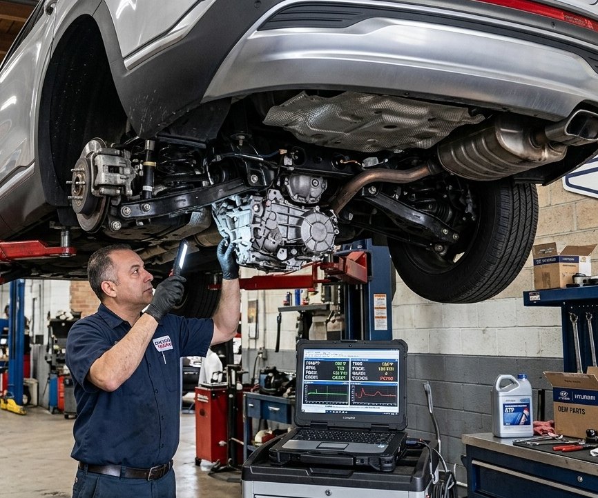 Hyundai Veloster transmission inspection on a lift for Hyundai Veloster repair plan