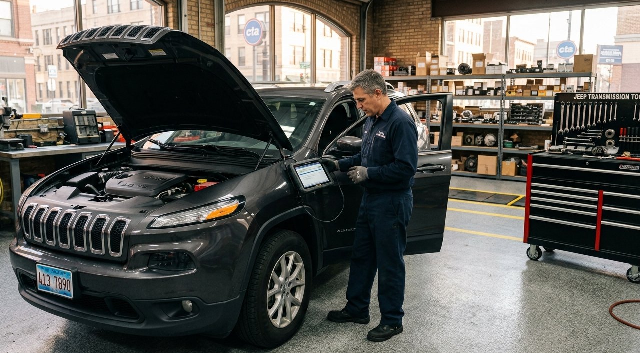 Cherokee automatic, 4x4/AWD, 9-speed, NAG1/45RFE family, and driveline diagnosis Jeep Cherokee transmission and AWD inspection for Jeep Cherokee transmission repair in Arlington Heights