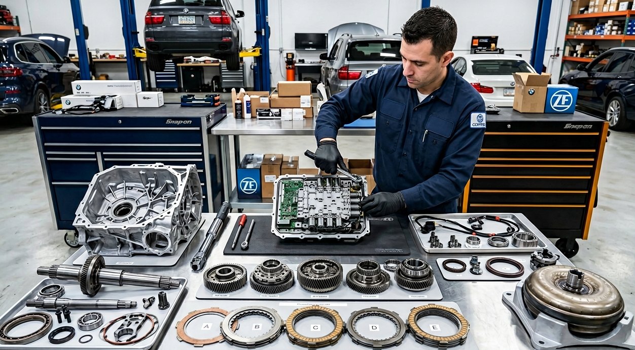 ZF transmission rebuild bench inspection for Land Rover Defender repair planning
