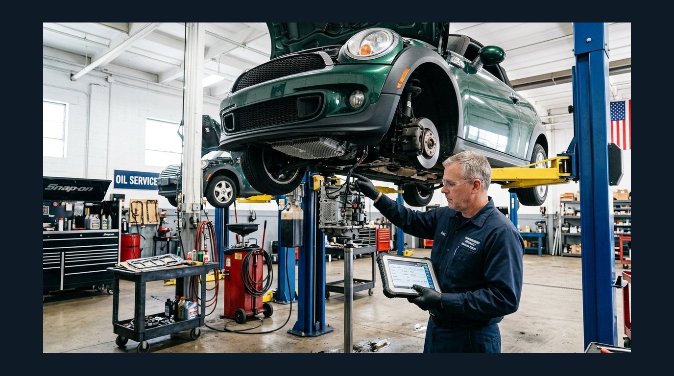MINI Roadster on lift for transmission and clutch diagnosis