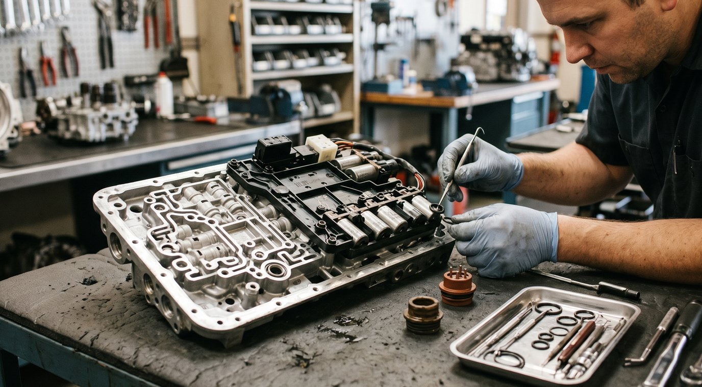 Volvo AW55 valve body and solenoid service inspection for Volvo S80 transmission repair in Arlington Heights
