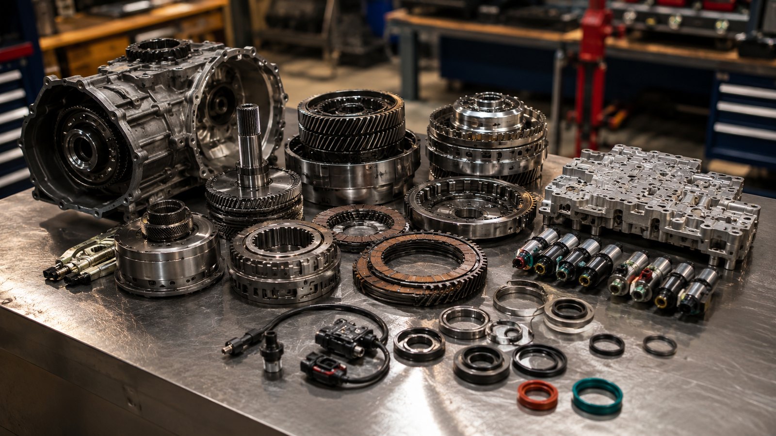 Transmission gears, clutch packs, seals, and valve body parts arranged for repair planning