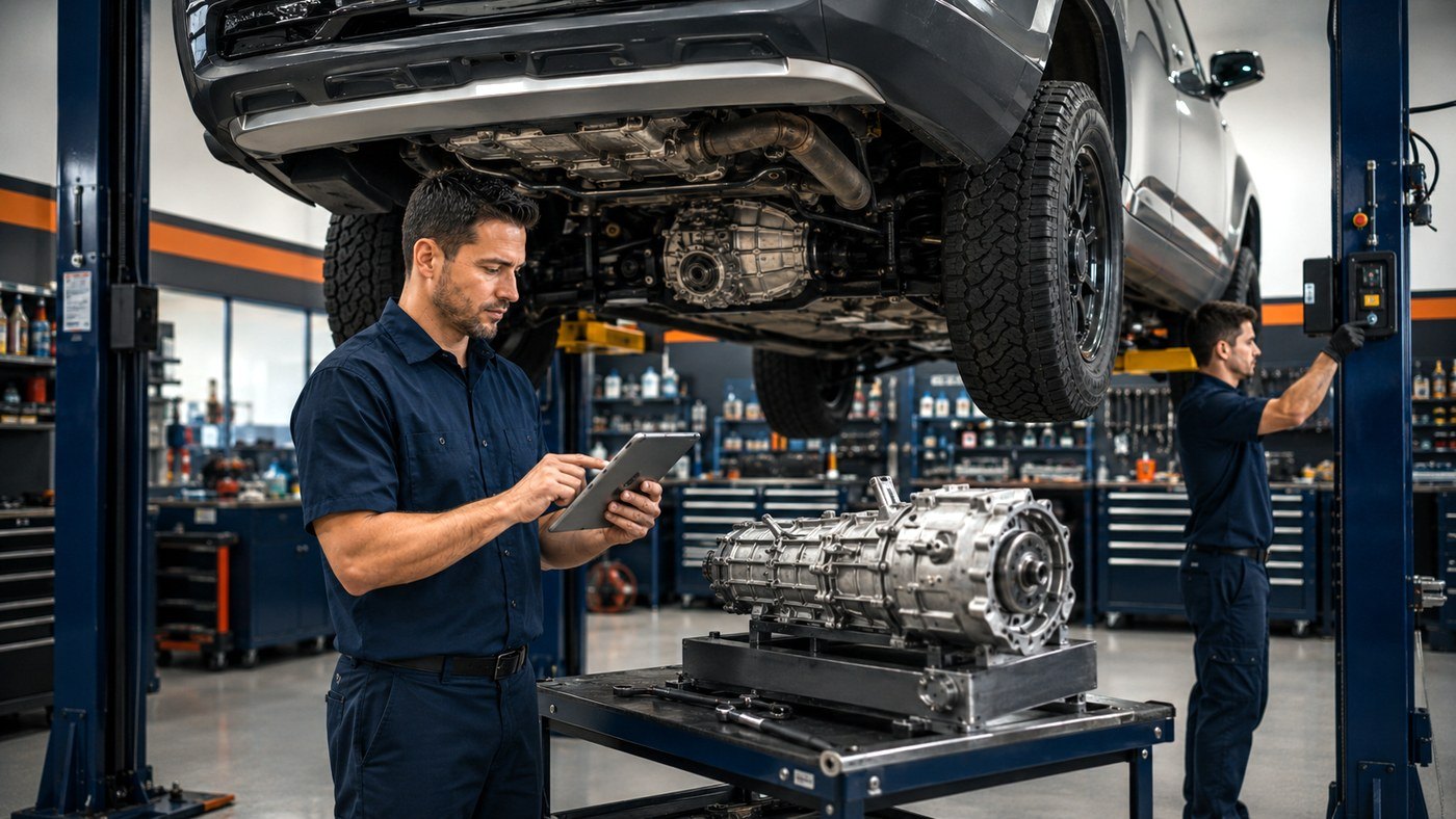 Truck transfer case service bay with diagnostic tablet and transfer case assembly staged below
