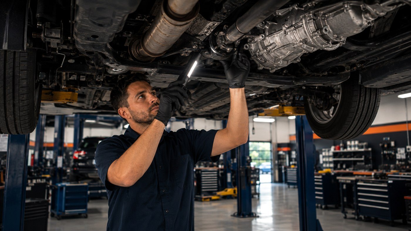 Technician checking transfer case electrical operation from below a 4WD vehicle