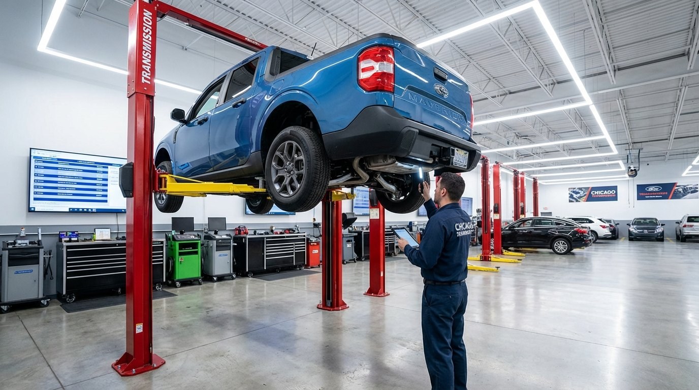 Ford vehicle on lift for 5R55 leak and road-test diagnosis